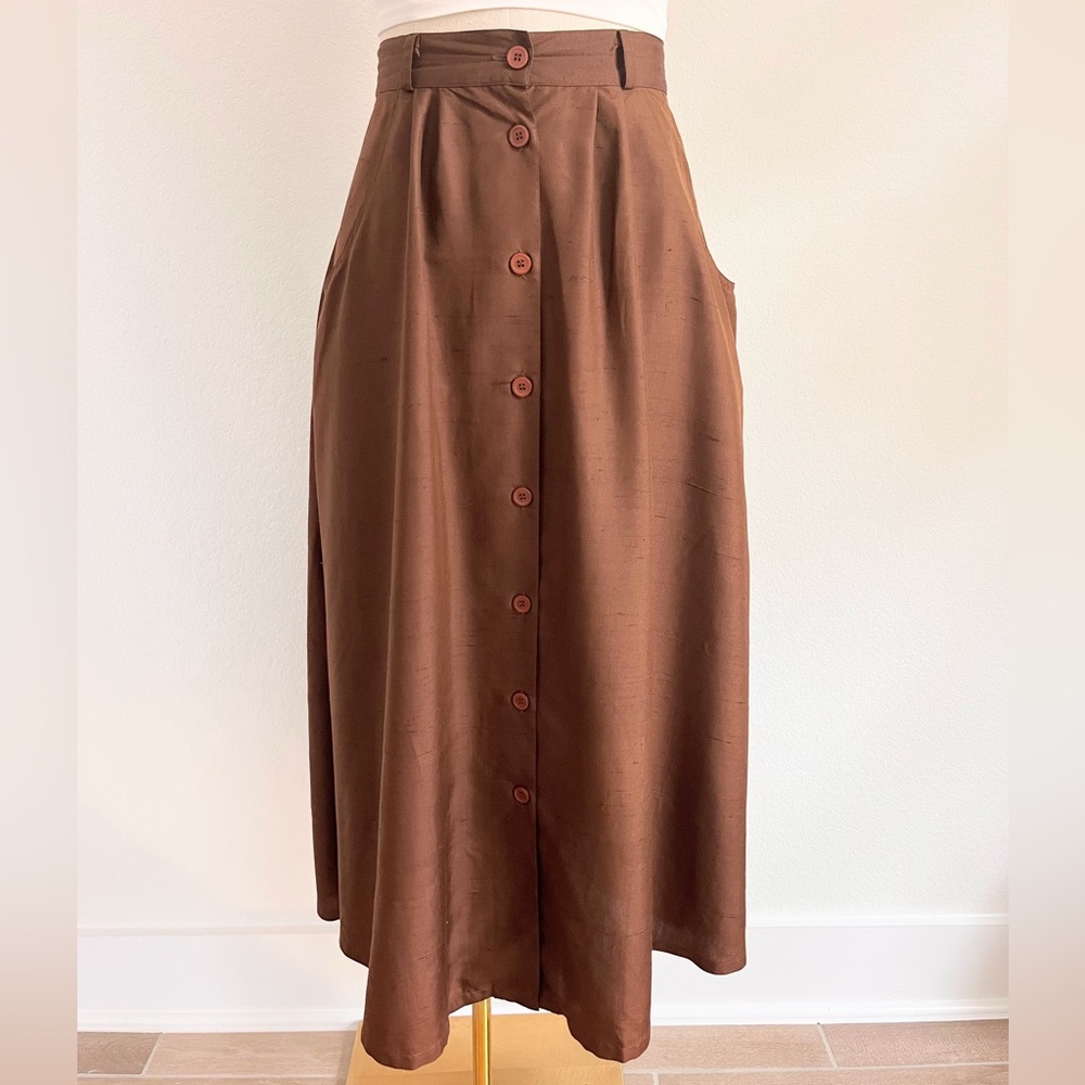 ROYAL SILK Vintage 100% Silk Brown Button-Down A-line Midi Skirt Size 12 SOLD